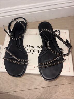Alexander McQueen Black Leather Studded Ankle-Strap Sandals
